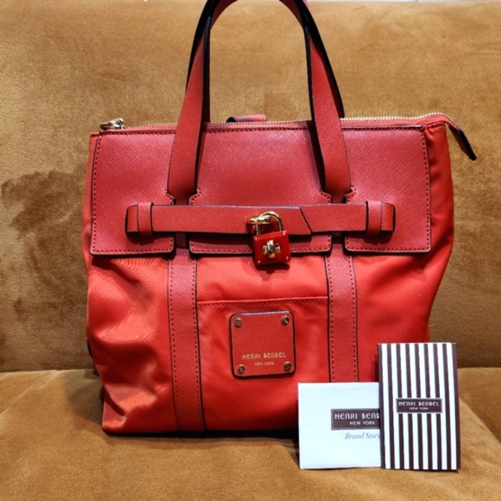 NWOT Henri Bendel Jetsetter Red Leather Nylon Satchel Handbag With Back Straps
